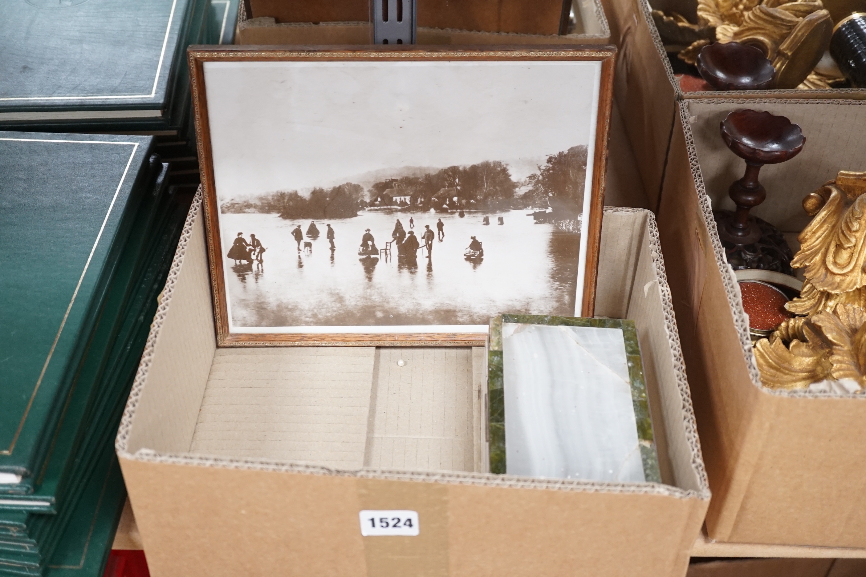 A collection of various collectables to include a George V silver mounted onyx cigarette box, a pair of gilt carved wall brackets, boxes etc.